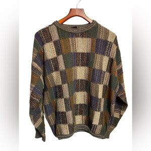 Vtg Tosani 3D Cable Knit Textured Patchwork Coogi Style Crewneck Sweater Mens M